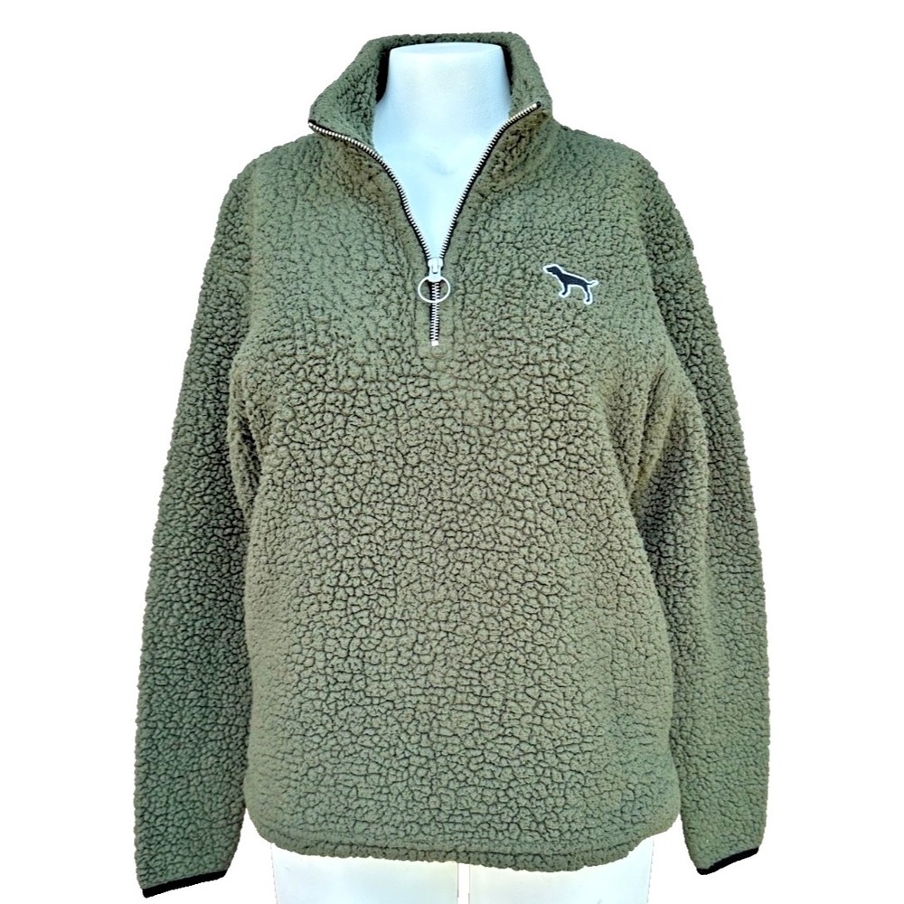 Victoria's Secret PINK Sherpa 1/4 Zip Sweatshirt Small Olive Green Cozy Pullover